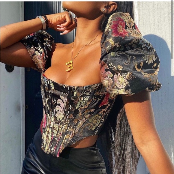 House of CB Isbabella brocade jacquard puff sleeve corset bustier - Picture 2 of 7
